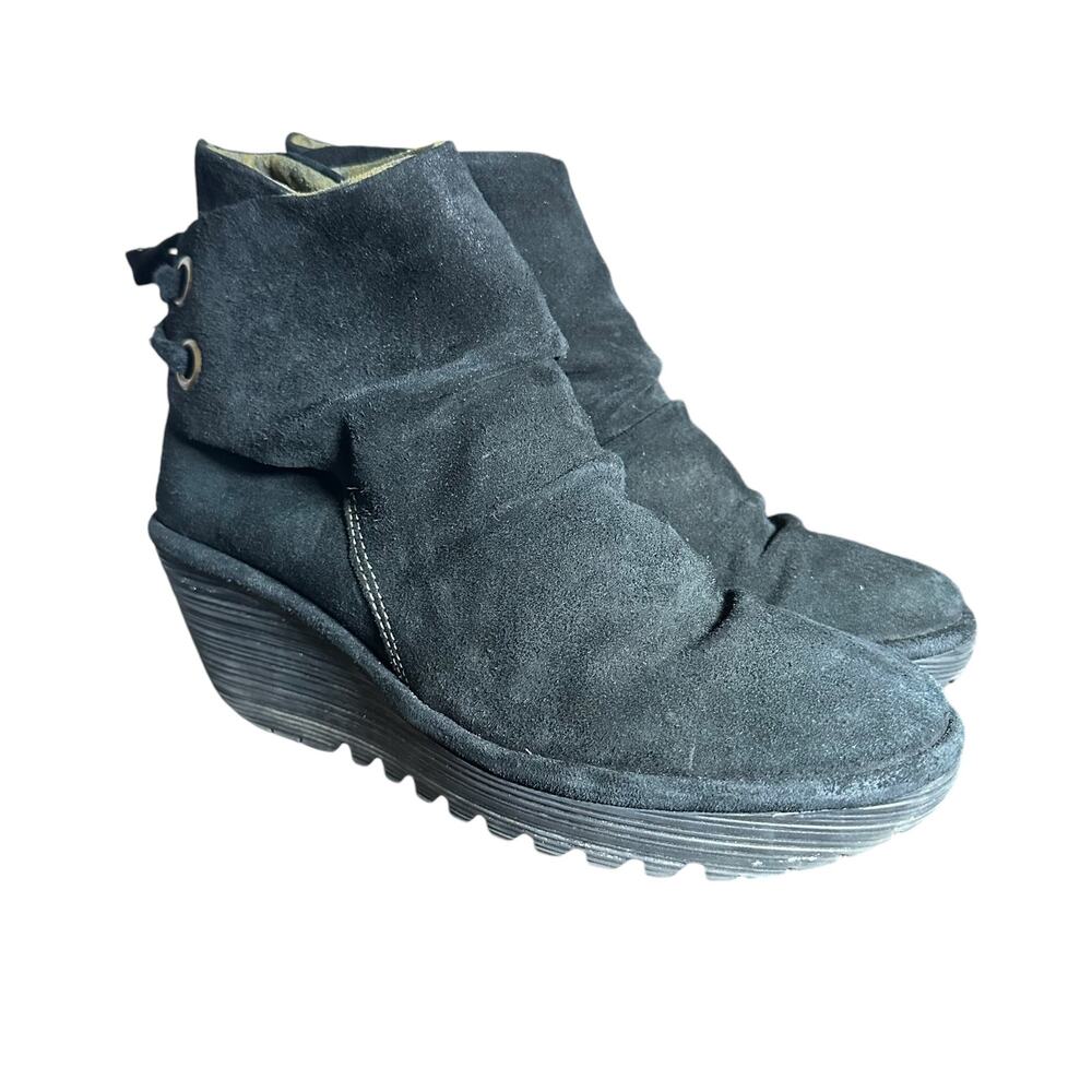 Fly London Yama Black Suede Wedge Ankle Boots EU 39 US 8/8.5